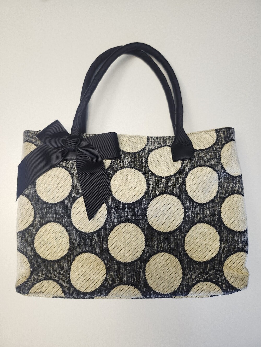 Talbots Fabric Covered Black & Taupe Polka Dot Purse Handbag, 14"x9"x3"